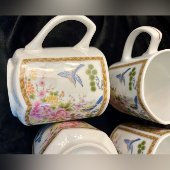 Homco Japan 4 Mugs Cups Hexagon Gilded Peonies Bluebirds Bridgerton China Gift - Picture 12 of 17